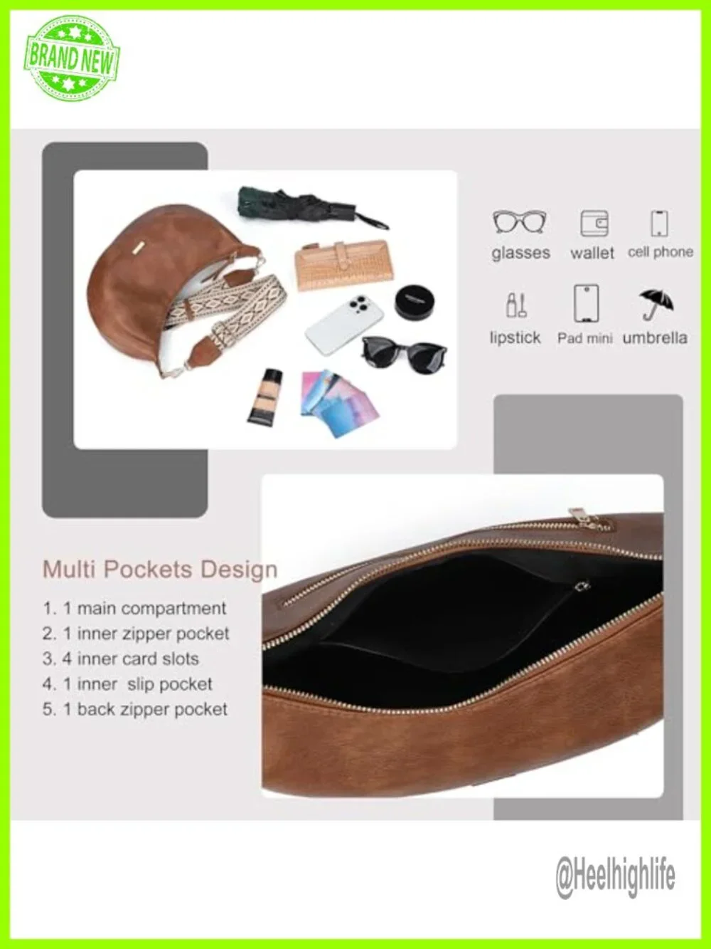 Boho Crescent Hobo Handbag Vegan Leather Crossbody Purse 4 Card Slots
